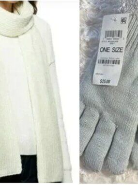 End of Season Winter Bundle - Sparkly Off-White Scarf and Gray Gloves